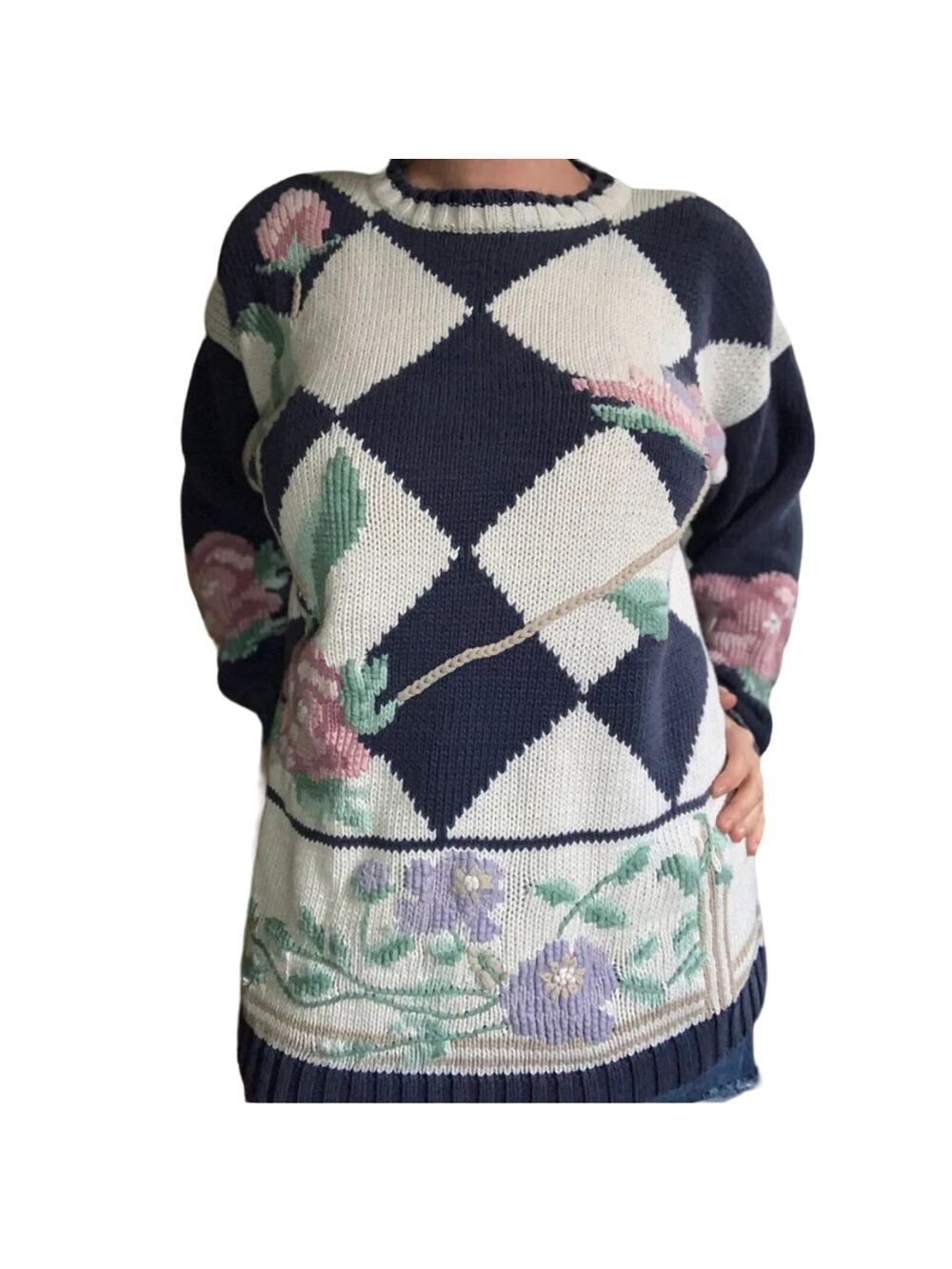 Vintage 90s argyle and floral knit sweater by Ninon De Lenclos Size Small